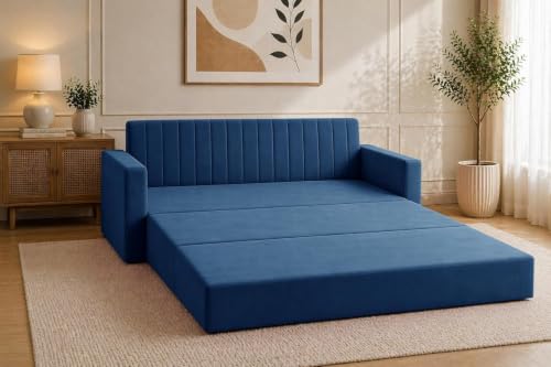 Image of Modern Velvet 3-Seater Sofa Cum Bed with Armrest, Convertible Sleeper Couch Sofa for Living Room, Bedroom & Office - Blue Color