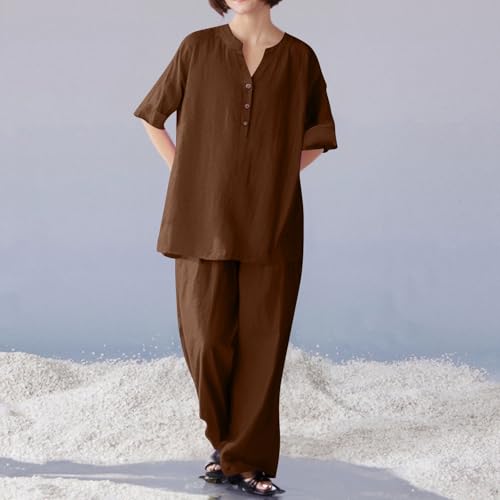 Two Piece Sets for Women Summer Outfits Lounge Sets V-Neck Linen Wide Leg Crop Pants Vacation Travel Outfits, S-5XL2