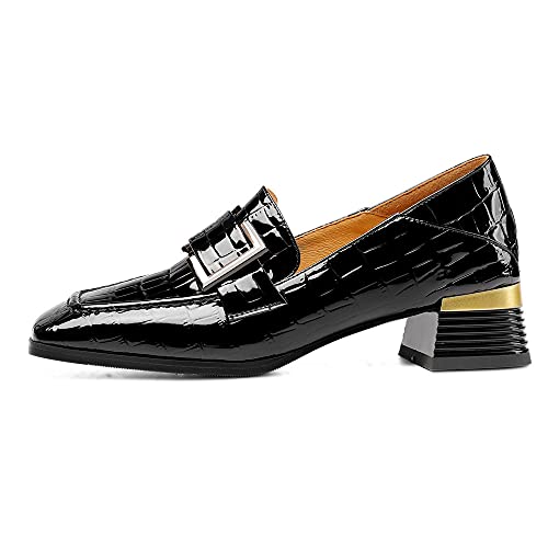 Image of TinaCus Women's Patent Leather Square Toe Handmade Buckled Casual Loafers Shoes with Low Chunky Heels