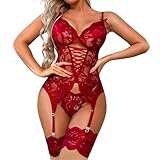 KONFEN Damen Erotische Dessous Set, Sexy Nachtwäsche mit Hoher Taille Translucent Spitze Stickerei Strumpfband Gürtel, Babydoll Lingerie Backless Unterwäsche EIN Stück, Rot, Einheitsgröße