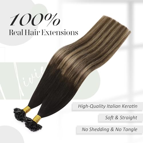 Vivien Balayage U Tip Hair Extensions Real Human Hair Brown 22 Inch Pre Bonded Extensions Nature Black Ombre Medium Brown with Blonde Invisible 50g 50s #1B/4/18 - Image 3