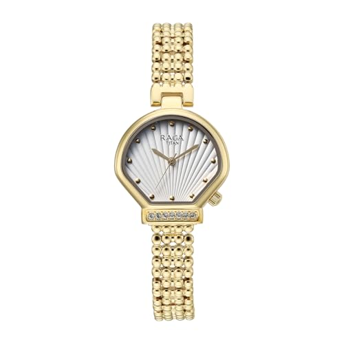 Image of Titan Raga Spotlight with Quartz Analog White Dial Gold Brass Strap Watch for Women - 95432YM01