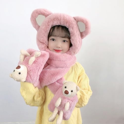 Zcargel Childrens Winter Hat and Scarf Set 3 in 1 Cartoon Bear Hooded Scarf Cute Bear Beanie Children Plush Pocket Glove Set4