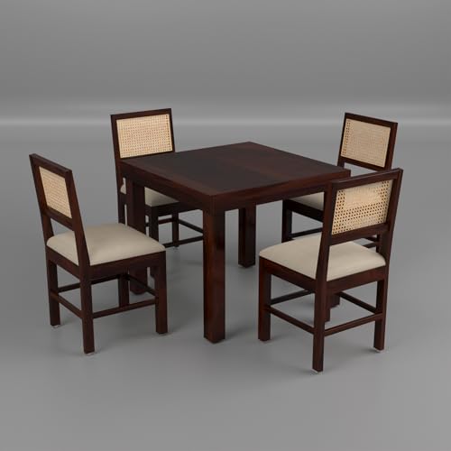 Image of Solid Sheesham Wood 4 Seater Dining Table Set with Cushioned Chairs for Dining Room | Living Room | Home & Office | Hotels Restaurant & Cafe (4 Seater, Walnut Finish)