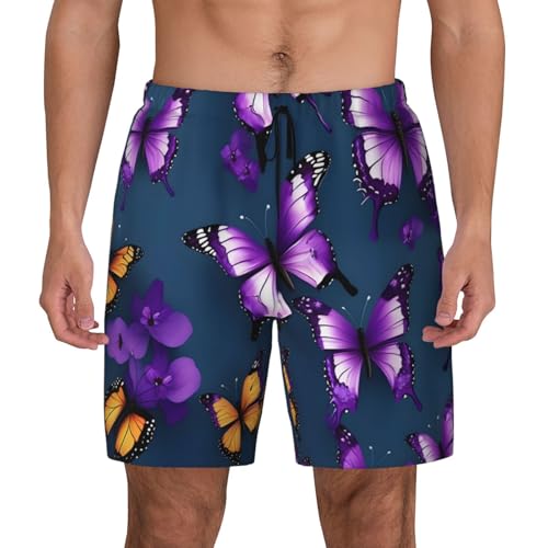 Beautiful Purple Butterfly Men's Soft Double Swim Shorts, Lounge Swiming Shorts Pants Breathable Summer