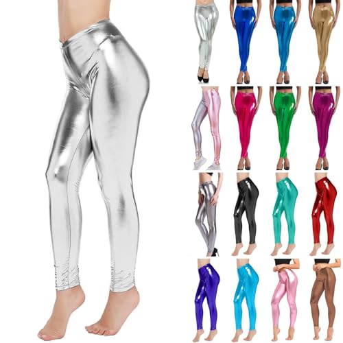 Legging pour femme - Argenté métallisé brillant - Pantalon années 80 avec taille haute -...