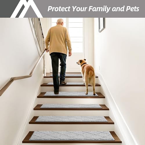 Image of COSY HOMEER Edging Stair Treads Non-Slip Carpet Mat 28inX9in Indoor Stair Runners for Wooden Steps, Edging Stair Rugs for Kids and Dogs, 100% Polyester TPE Backing (10pc, Grey)