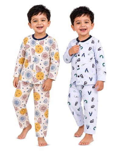 Image of 3BROS Kids Pure Cotton Night Suit Set | Boys Girls Printed Sleepwear Shirt & Pajama Clothing Combo | Soft Breathable Night Dress Outfit | Pack of 2
