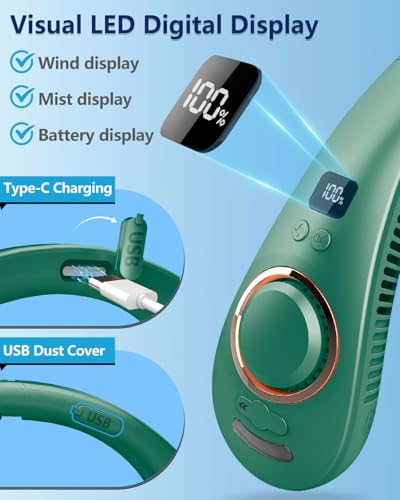 Image of Misting Neck Fan that Blows Cold Air, USB-C Recargable 4-9H Long Life, 360 Airflow Lightweight without Blades, Mini Personal LED Cooling Device for Kid Adults Outdoor Travelling Office Home, Green