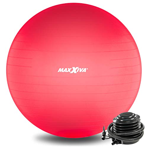 MAXXIVA® Gymnastikball Anti-Burst mit Luftpumpe bis 250 kg hautfreundlicher Sitzball Reha Hometraining Balanceball Yoga Pilates Sport Fitnessball (65 cm, Rot)