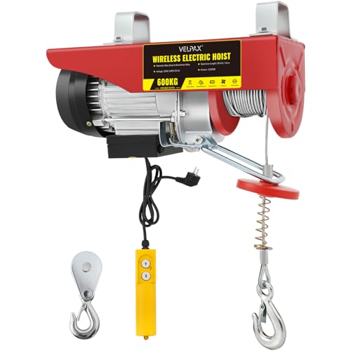 Paranco Elettrico 600 kg, 1200 W, Altezza Sollevamento 12 m, Velocità 10 m/min, Motore in Rame Puro, Paranco Argano Elettrico con Telecomando Cablato, per Garage e Uso Industriale