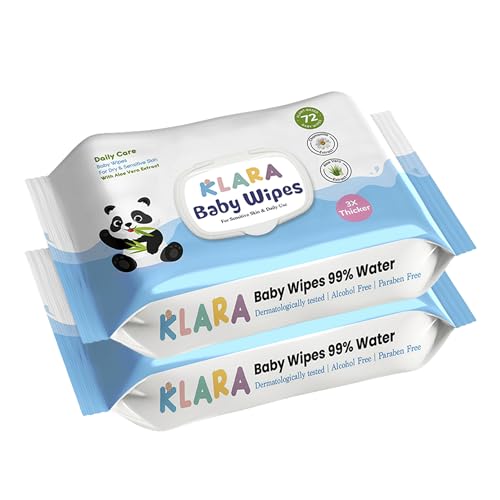 Image of Klara 99% Pure Water Baby Wipes | With Aloe Vera | Rash-Free & Paraben-Free | Pack of 2 (144 Wipes)
