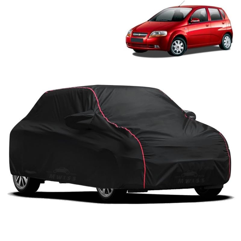 Image of Waterproof Car Cover for Chevrolet Aveo U VA | All-Weather Protection, Dustproof & UV Resistant | Triple Stitched Mirror Pockets, Windproof Buckle Strap with Elastic Hem, Black-Red Piping