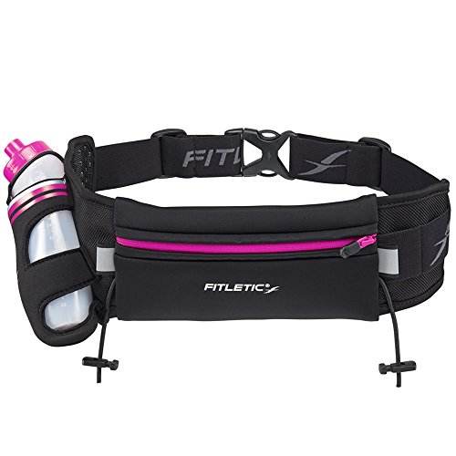 Fitletic Hydration Belt for Women | Patented No Bounce Design for Ironman, Triathlon, 5K, 10K, Marathon, Trail | HD12G-08S Fully Loaded Water Bottle Belt, Small/Medium, Black & Pink