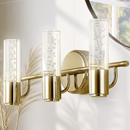 Image of JONATHAN Y 18 inch Brass Gold Modern Integrated LED Vanity Light Wall Sconce for Bathroom, Clear Bubble Acrylic Shade Minimalist Art Deco Light for Hallway, Entryway, 4000K (JYL7224B)