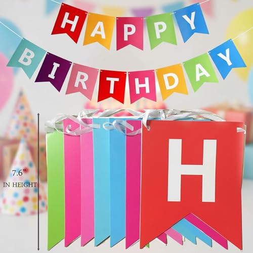 Image of Partycat Rainbow Happy Birthday Banner - Vibrant Multicolor Cardstock Bunting for Kids, Easy to Assemble and Reusable, Perfect for Cake Table, Photo Booth, Wall Decor, Birthday Party Decoration