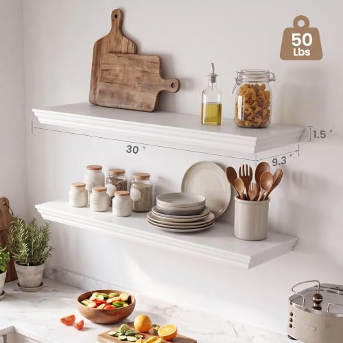 Image of 30 Inch Floating Shelves for Wall, 9.3 inchD Crown Molding Wood Display Shelf