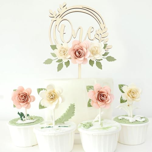 JUIIZAY Wooden One Cake Topper Flower First Birthday Decorations For Girl 1st Light Pink Floral Cake Toppers Party Supplies
