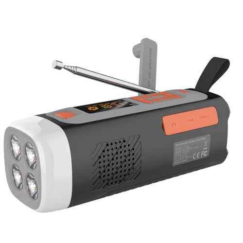 Radio de Emergencia 4500mAh Am/FM/SW con Altavoz BT, Carga USB-C/Solar Manivela, Batería, Linterna, Alarma SOS y Conector para Auriculares