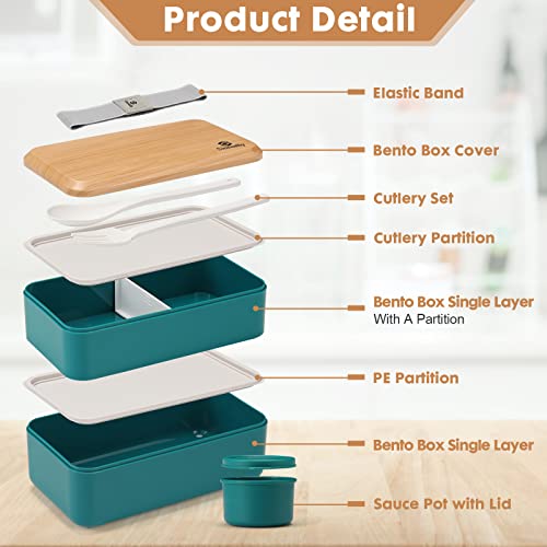 Image of Sinnsally Bento Box Adult Lunch Box,Stackable Japanese Bento Lunch Box Containers for Women /Men with Compartments(47oz),Lunch Containers with Utensil Set,Leak-Proof Lunchbox,Rectangle(Nordic Green)