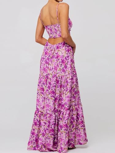 Image of Womens Summer Floral Spaghetti Strap Backless Low Cut Smocked Milkmaid Flowy Beach Sundresses