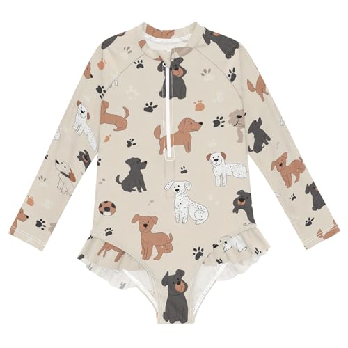 Long Sleeve Girls One Piece Swimsuits Dogs and Paw Beige Kids One Piece Swimsuit 3T