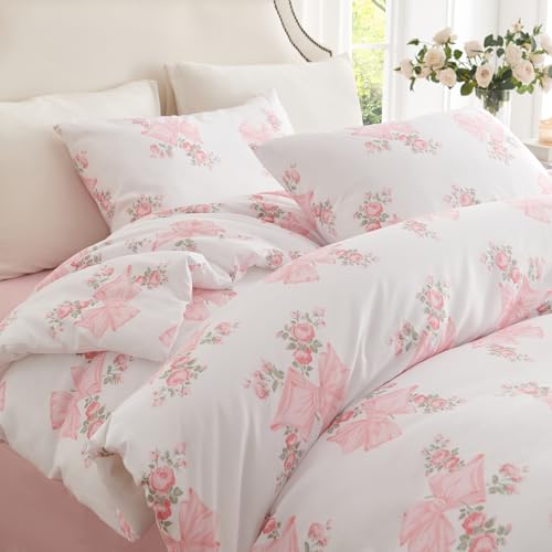 Image of Nayoroom Pink Bow Duvet Cover Queen Size Coquette Pink Floral Duvet Cover 3 Pieces Soft Lightweight Microfiber Girls Cute Aesthetic Dorm Bedding Set