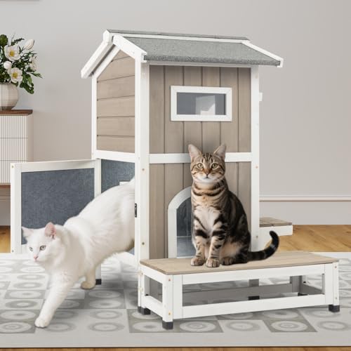 PetsCosset Outdoor Indoor Cat House Weatherproof, 2-Story Feral Cats Shelter Clawsable Cat House with Scratch-Resistant Fabric Lining, Openable Asphalt Roof, Balcony, 4 Door, 2 Platforms Gre