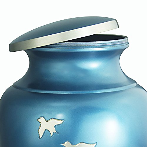 Cremation Urn for Human Ashes Adult - Brass Funeral Urn for Women or Men - Display Burial At Home or in Niche at Columbarium (Silvery Aria Flying Birds / Hummingbird, Blue Metal Urn for Adults Large