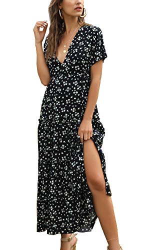 Damen Sommerkleid Kurzarm Blumen Maxikleid Deep V-Ausschnitt Riemchen Strand Langes Kleid mit Schlitz (Large, Blau) Cover
