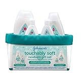 Johnson's Touchably Soft Newborn Baby Gift Set for New Parents, Baby Bath & Skincare Essentials for Newborn Skin, Hypoallergenic, Free of Paraben, Sulfates, and Dyes, 5 Items