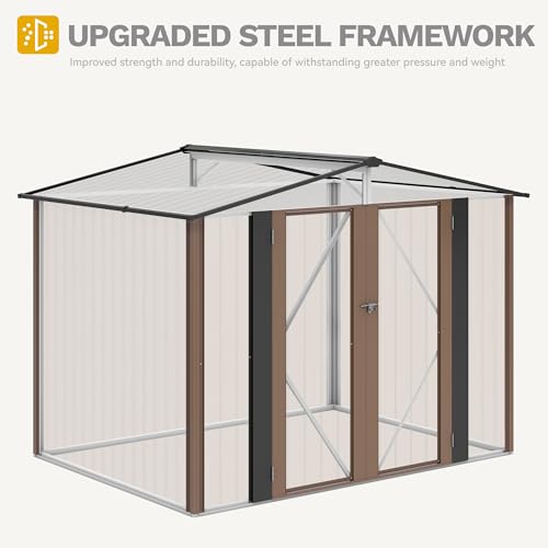Image of DWVO 8x6FT Outdoor Storage Shelter, Roomy Steel Tool Shed with Secure Entrances & Air Circulation for Patio, Lawn, and Backyard, Ideal for Storing Garden Gear, Lawn Tools, and Bikes, Brown