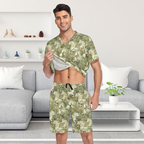 Laprad Men's Pajamas Set Short Sleeve Sleepwear Horses Floral Comfortable Loungewear4