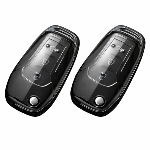 Image of JVCV Soft TPU Transparent Black Key Cover Compatible with Ford Endeavour Figo Aspire Freestyle 3 Button Folding Key | Shockproof Protective Case (2 Pack - Transparent Black)