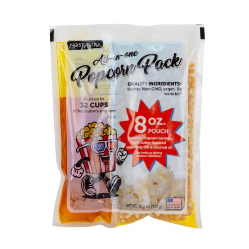 Nostalgia Movie Theater Style Popcorn Packets for Popcorn Machine, All-in-One Popcorn Kernels, Coconut Oil, Seasoning Salt, 8oz Packs, 24 count