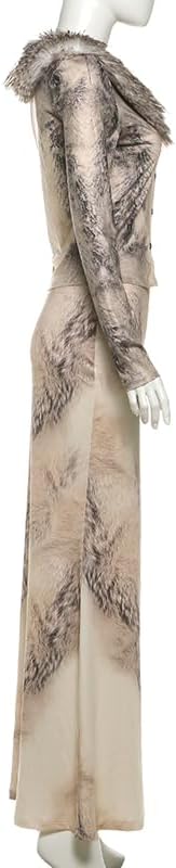 magorange Women Sexy Floral 2 Piece Sets Long Sleeve Faux Fur Collar Button Top and Maxi Skirt Club Outfits - Image 3