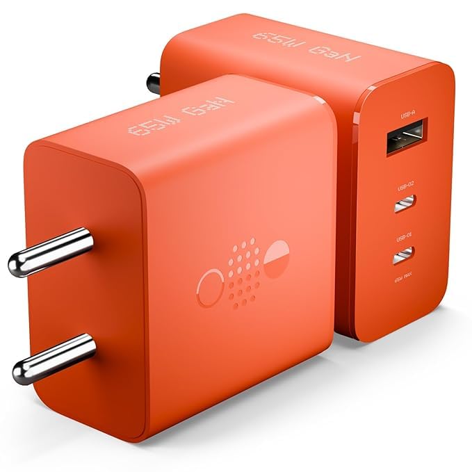 Image of 65W GaN Type C 3 Port Wall Charger Adapter & C to C Cable, USB C1 65 W, USB C2 45W, USB A 18W, Max Capacity 65-Watt USB C for Phone 2a /2 /1, Sam Sung S24 Mobile Orange (DP42)