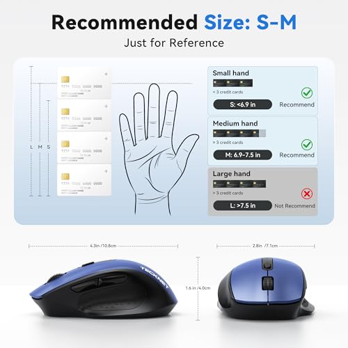 Image of TECKNET Wireless Mouse for Laptop, Dual-Mode Bluetooth Wireless Mouse | (BT5.2 /3.0 & 2.4G) Connection, Ergonomic Design, 5-Level DPI, Silent Click, Compatible with Laptop /PC /Windows /Chromebook