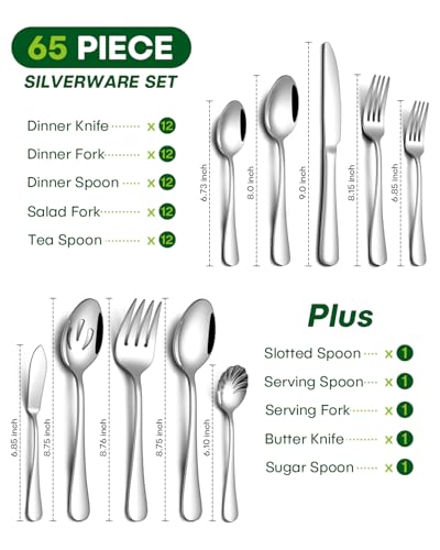 Image of PHILIPALA 65 Piece Silverware Set with Serving Utensils, Stainless Steel Flatware Set for 12 Food Grade Novelty Flatware Cutlery Utensil Set Include Knife Fork Spoon Mirror Polished Dishwasher Safe