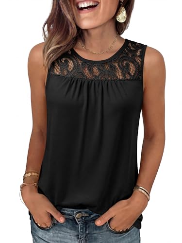 Image of ANRABESS Women Summer Lace Tank Tops 2026 Summer Sleeveless Loose Fit Curved Hem Flowy Shirts Dressy Casual Tunic Blouse Black Large