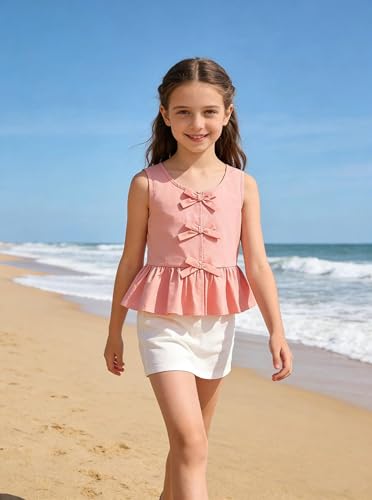 Image of Girls Bowknot Tank Tops Sleeveless Striped Shirts Cotton Peplum Babydoll Top