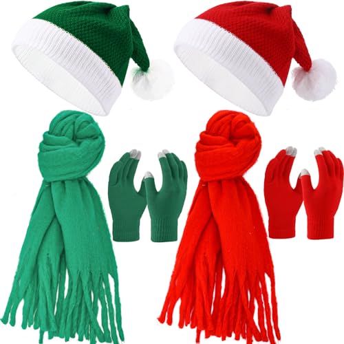 Panitay 2 Sets Christmas Beanie Hat Scarf Gloves Winter Warm Sets Include 2 Pcs Knitted Scarf 2 Pairs Touch Screen Santa Gloves 2 Pcs Hats for Women Men Xmas Party