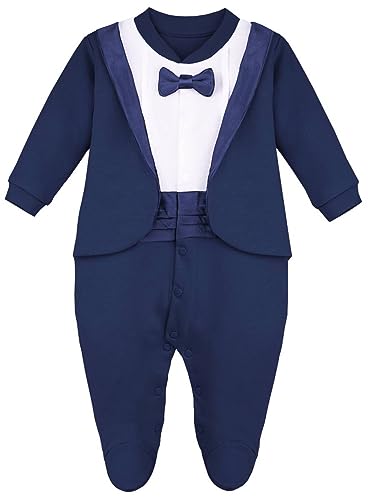 Image of Lilax Baby Boy Gentleman Tuxedo Footie Christmas Holiday Outfit with Bow Tie