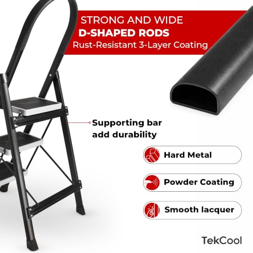 Image of TEKCOOL 3 Step Ladder for Home Use with Built-in Tool Tray | Heavy Duty D Shape Rods | 20 x 30 cm Large Platform | Wide Rubber Feet | Secure Lock | 150Kg Capacity Foldable Ladder