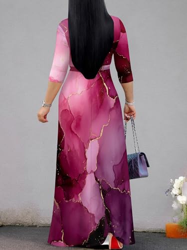Image of Plus Size Dresses for Women Print Maxi Dresses 3 /4 Sleeve with Belt