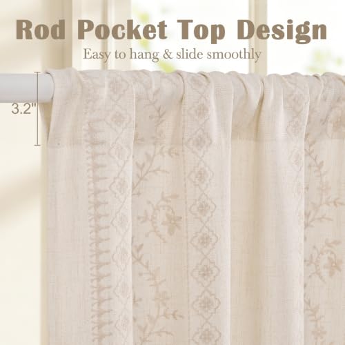 Image of Yinhua Boho Kitchen Curtains 36 Inch Length Beige Embroidered Floral Cafe Curtains, Farmhouse Light Filtering Kitchen Window Curtain Rod Pocket Short Tier Curtains for Windows, 26 inch W x 36 inch L, 2 Panels