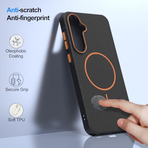 Image of Elzzi Magnetic Case for Samsung Galaxy A36 Lychee Texture [Compatible with MagSafe] Premium PC+TPU Back Cover with Anti-Yellow Microfiber Inner Lining, Shockproof Slim Protective Phone Case- Black