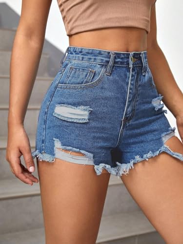Image of Aahwan Blue Solid High Waist Ripped Raw Trim Denim Shorts Casual Summer Shorts for Women's & Girls