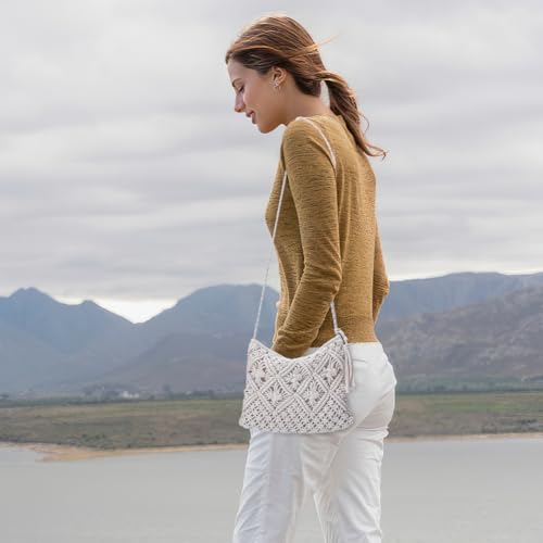 WEBEEDY White Macrame Shoulder Bag Boho Handmade Woven Crossbody Bag for Beach, Travel, Daily Use, Gift for Birthday Holiday Mother's Day Wedding Christmas, 26x20.5 cm(10.2x8.1 Inches) Body4