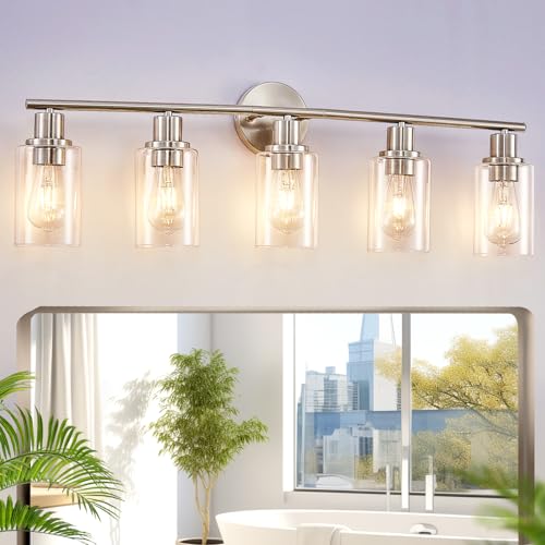 Image of DLLT 5-Light Bathroom Light Fixtures: Nickel Modern Vanity Lights with E26 Bulbs - Clear Glass Shade Bathroom Wall Lamp for Mirror Kitchen Living Room Hallway Cabinet Porch